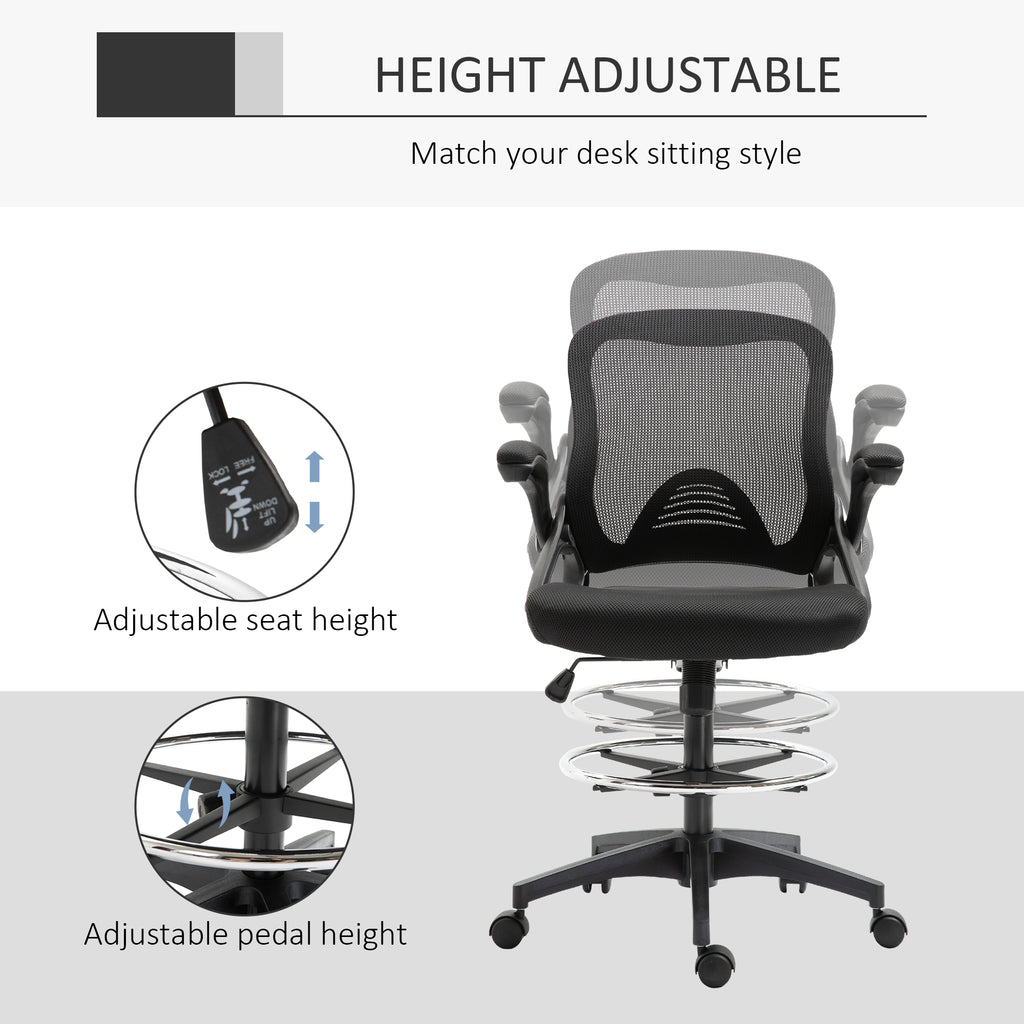 Mesh Drafting Chair, Tall Office Chair with Lumbar Support, Flip-Up Armrests, Footrest Ring and Adjustable Seat Height, Black