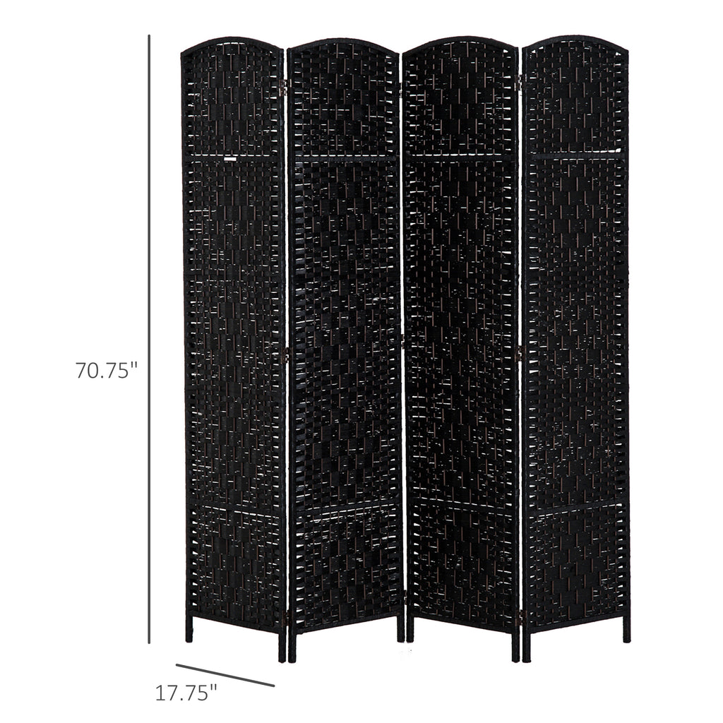 6' Tall Wicker Weave 4 Panel Room Divider Wall Divider, Black