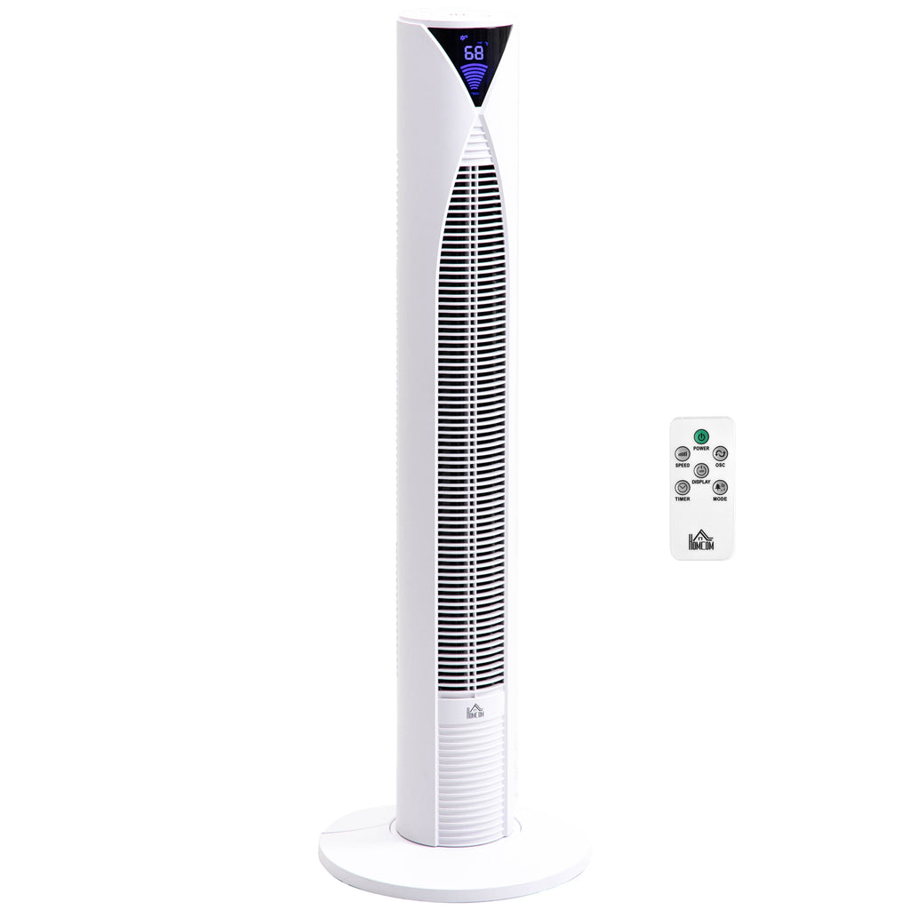 38" 70° Oscillating Tower Fan Cooling for Bedroom with 3 Speeds, 12H Timer, LED Panel, and Remote Control, White