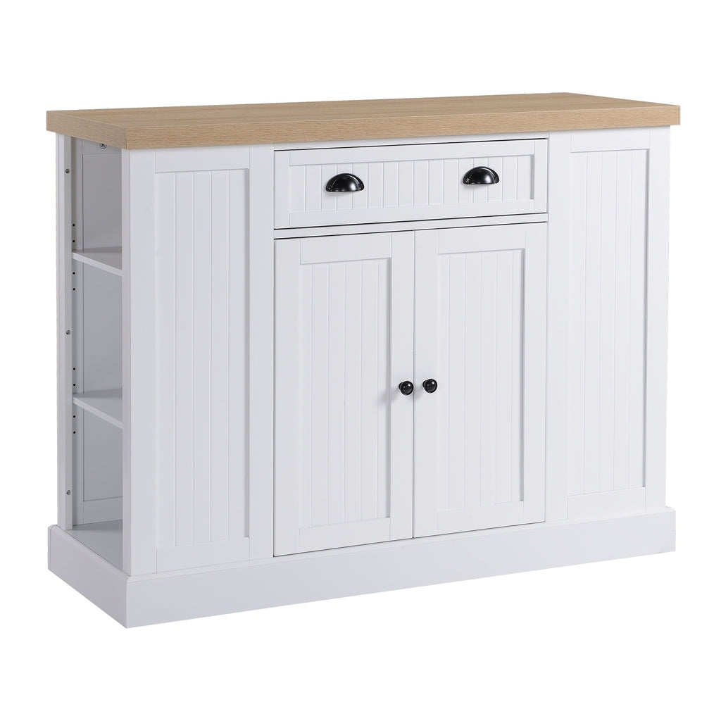 Fluted-Style Kitchen Island, Wooden Storage Cabinet, Rolling Kitchen Island Cart with Draw, Adjustable Shelves and Anti-Toppling Design, White