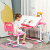Kids Desk and Chair Set Height Adjustable Children Study Table with Tilt Desktop, LED Lamp, Drawer, Reading Board, Cup Holder, Pen Slots, Pink