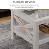Farmhouse Style Coffee Table with Wood Frame, Tempered Glass Tabletop and Underneath Storage Shelf for Living Room, White Oak