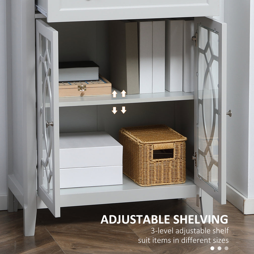 Kitchen Cabinet, Storage Cabinet, Sideboard Floor Accent Cabinet w/ 2 Glass Doors, Drawer & Adjustable Shelves for Living Room, Light Grey