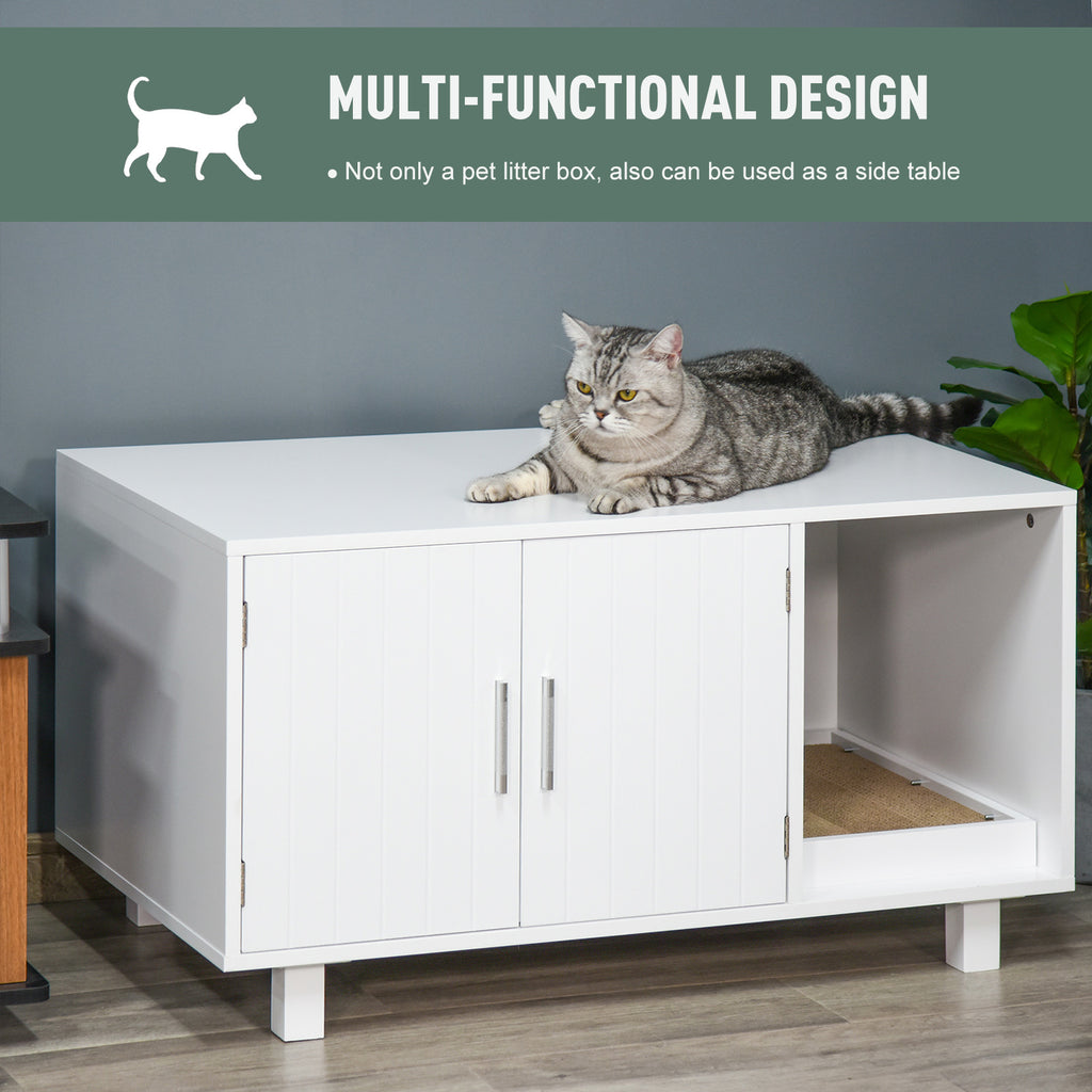 Wooden Cat Litter Box Enclosure & House with Nightstand/End Table Design  Scratcher  & Magnetic Doors  White