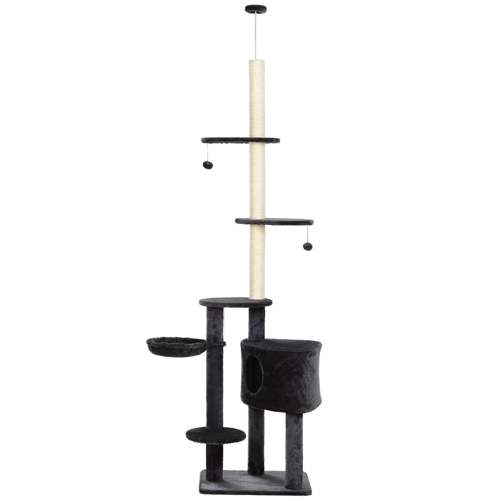 Vertical Cat Tree Adjustable Height Floor-To-Ceiling with Carpet Platforms Condo & Rope Scratching Areas  Grey