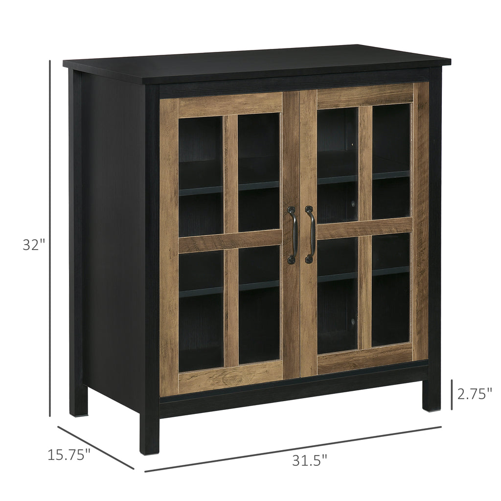 Kitchen Sideboard, Glass Door Buffet Cabinet, Accent Cupboard with Adjustable Storage Shelf for Living Room, Black Wood Grain