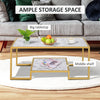 Minimalist Art Deco Coffee Table with Laminate Marble Print Table Top & Underneath Storage Shelf, White & Gold