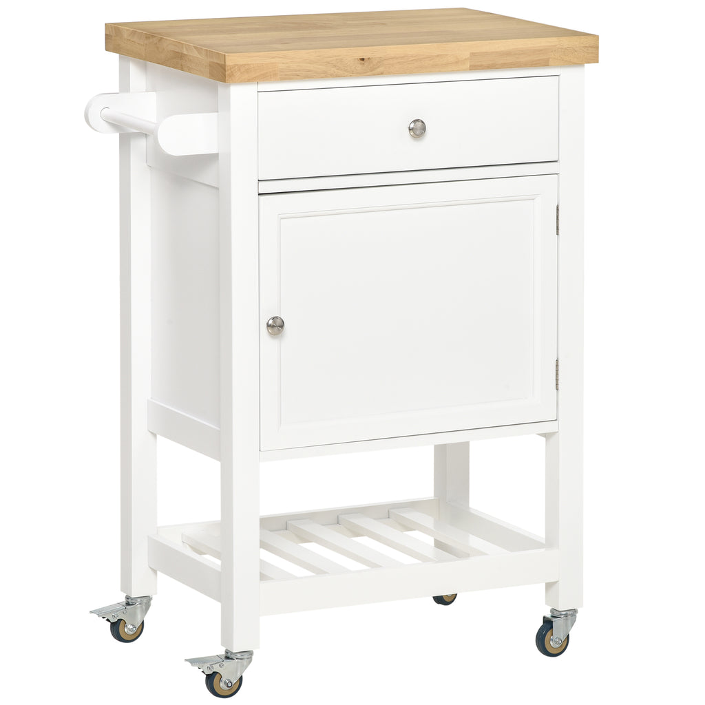 Kitchen Cart, Rolling Kitchen Island Cart on Wheels with Bottom Shelf, Rubber Wood Countertop and Handle, White