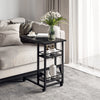 C Shaped End Table with Storage Shelves, Mobile Side Table with Wheels for Sofa Couch, Bed, Metal Frame, Black