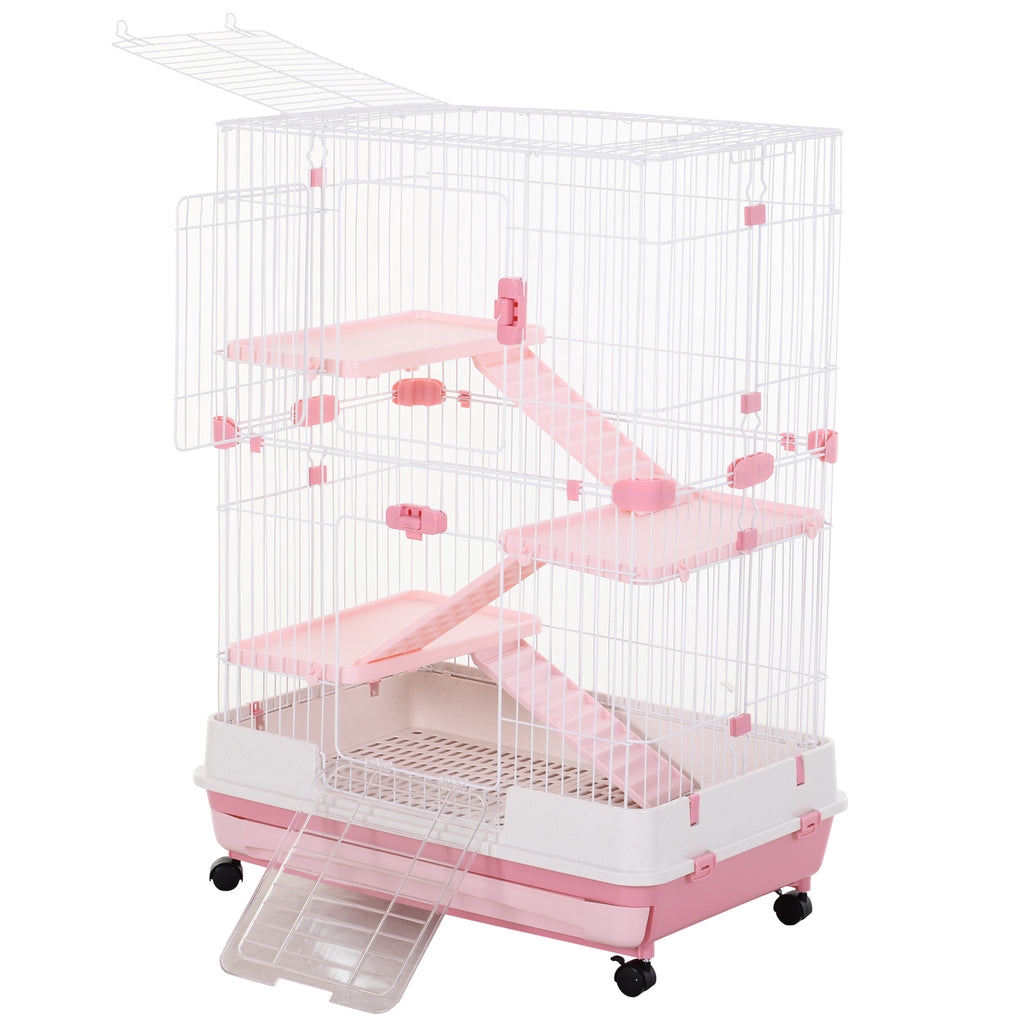 32"L 4-Level Small Animal Cage Rabbit Hutch with Lockable Wheels, Slide-out Tray for Bunny, Chinchillas, Ferret, Hedgehog & Gerbils, Pink
