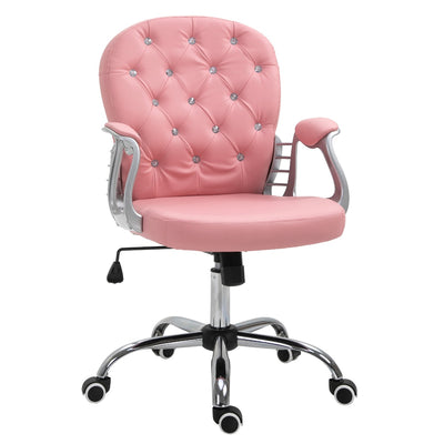 Ergonomic Office Chair Vanity Middle Back Office Chair Tufted Backrest Swivel Roller Task Chair With Height Adjustable And Armrests Pink