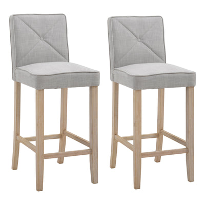 Modern Bar Stools Set of 2, Upholstered Barstools Kitchen Island Chair with Build-In Footrest, Solid Wood Legs, Beige