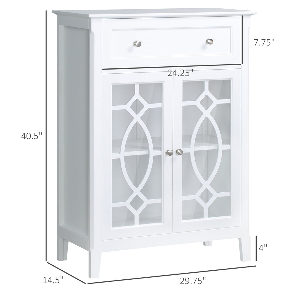 Kitchen Cabinet, Storage Cabinet, Sideboard Floor Accent Cabinet w/ 2 Glass Doors, Drawer & Adjustable Shelves for Living Room, Entryway, White