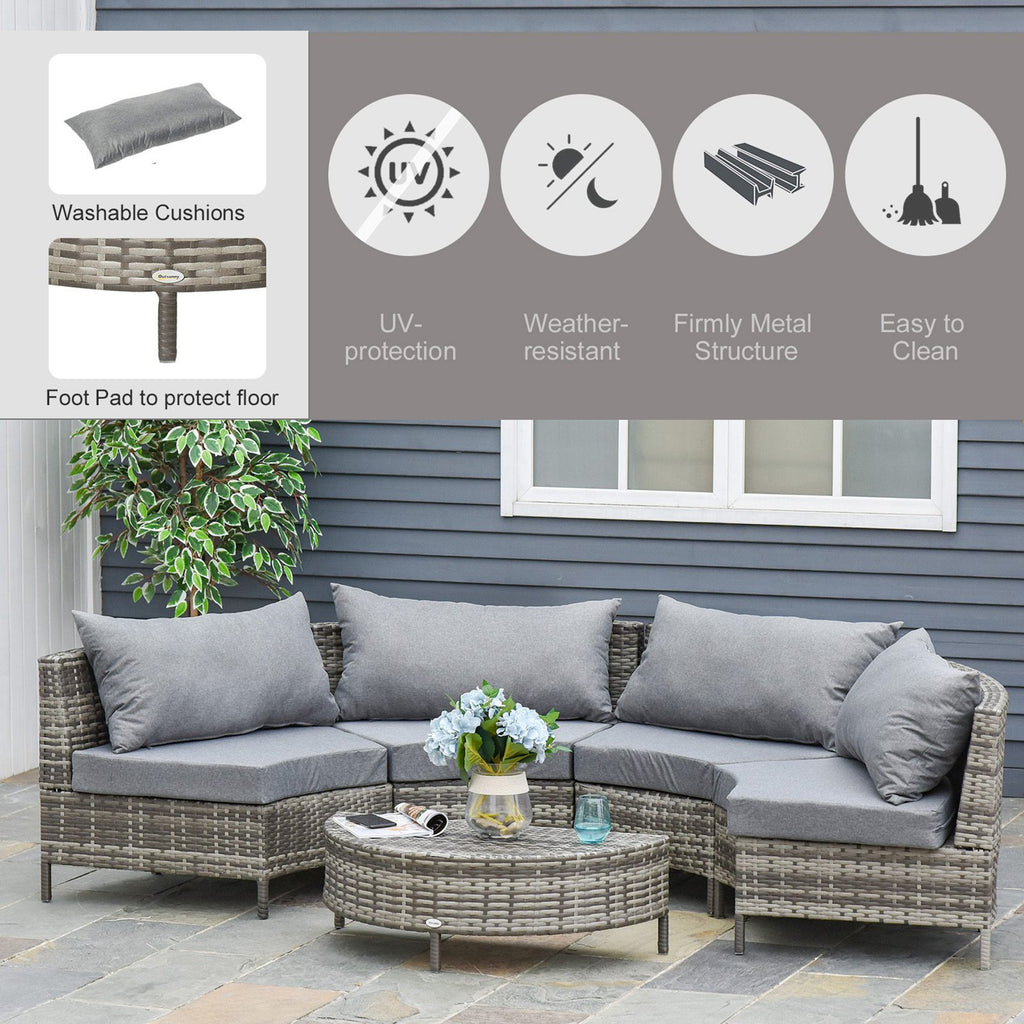 5PC Outdoor Patio Furniture Set Garden Sectional Rattan Wicker Sofa Set Cushioned Half-Moon Seat Deck w/ Pillow Grey