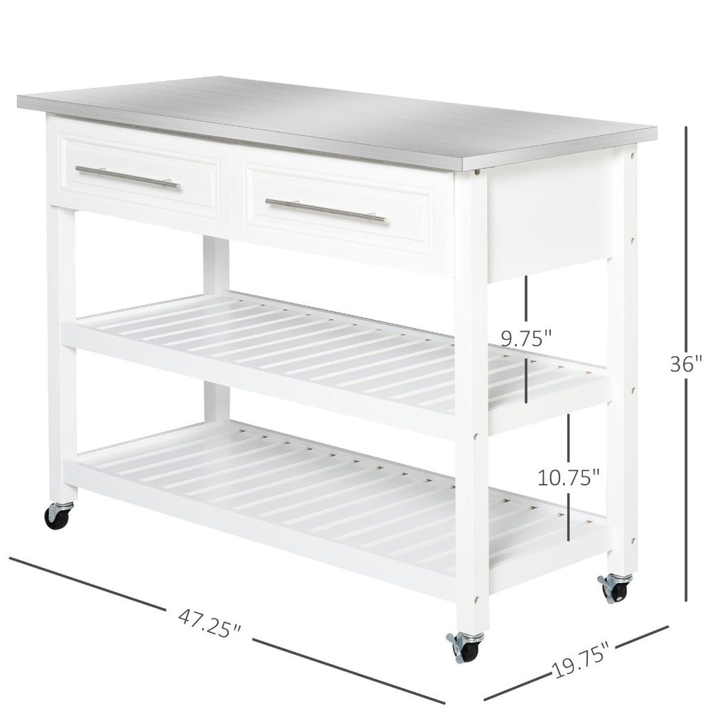 Kitchen Cart on Wheels with Stainless Steel Top, Rolling Kitchen Island Cart with Glass Door, White
