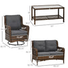 4 Piece PE Wicker Patio Furniture Set, Conversation Set with 2 360Â° Swivel Rocking Armchairs, 1 Loveseat Sofa, Thick Cushions and Glass Table Top Table, Gray