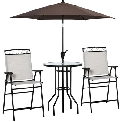 4 Piece Patio Bar Set for 2 with 6' Adjustable Tilt Umbrella, Outdoor Bistro Set with Folding Chairs & Glass Round Dining Table, Cream White