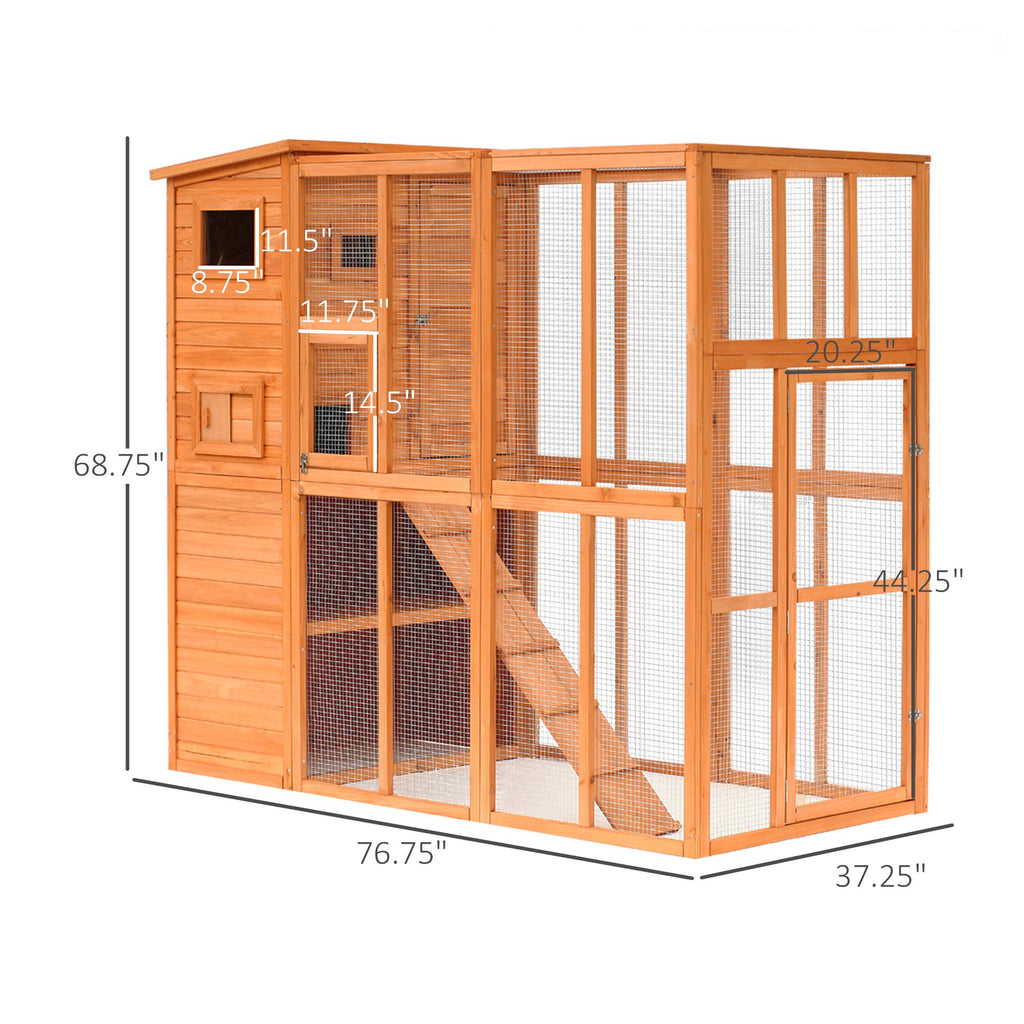 Large Wooden Outdoor Cat Enclosure Catio Cage With Ramp and Covered House 77" x 38" x 69"