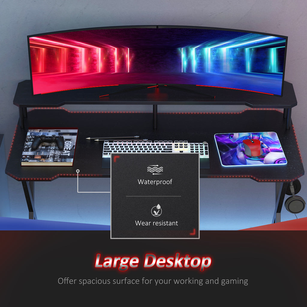 55 inch Gaming Desk Racing Style Computer Office PC Gamer Workstation with Elevated Monitor Stand, Headphone Hook, Black