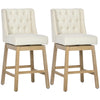 Bar Height Bar Stools Set of 2, 180 Degree Swivel Kitchen Island Stool, 28" Seat Height with Solid Wood Footrests, Button Tufted Design, Beige
