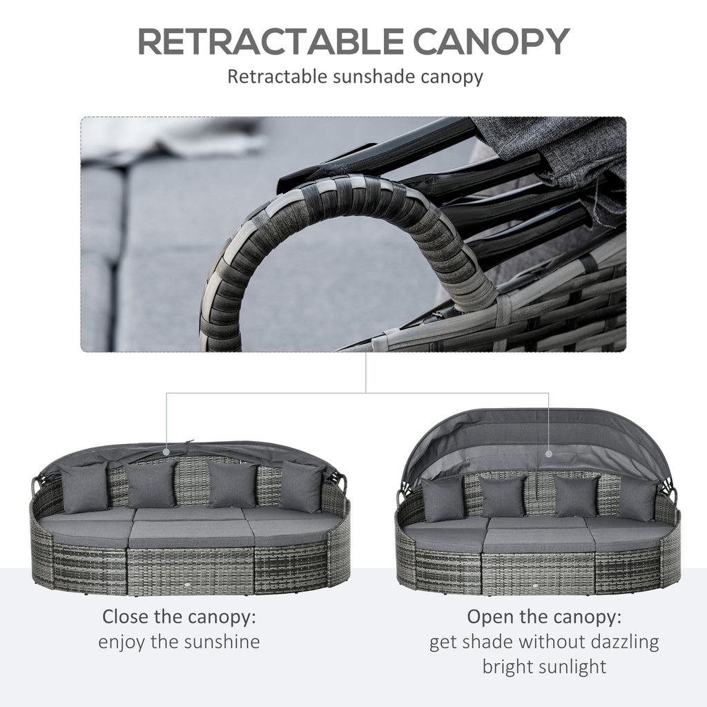 Outdoor Round Daybed 4 Pieces Wicker Outdoor Rattan Sofa with Canopy, Cushions, Pillows Patio Bed Sets for Lawn, Garden, Poolside, Grey
