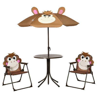 Kids Table and Chair Set, Outdoor Folding Garden Furniture, for Patio with Monkey Pattern, Removable & Adjustable Umbrella, 3-6 Years Old