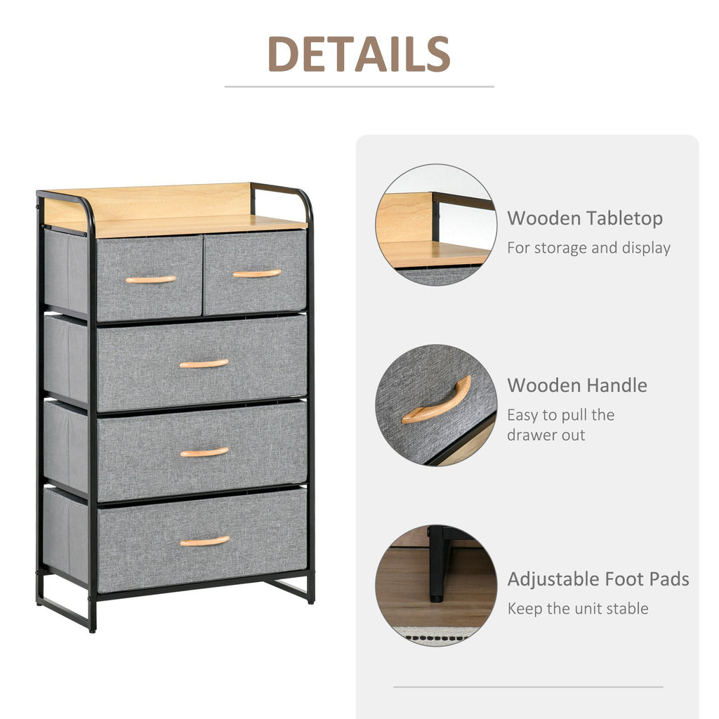 5-Drawer Dresser Tower 3-Tier Storage Organizer with Steel Frame Wooden Top for Bedroom Hallway Closets Light Grey