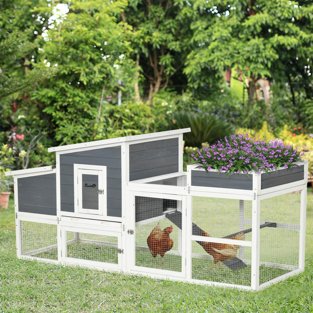 76" Wooden Chicken Coop, Outdoor Hen House Poultry Cage with Plant Box, Openable Roof, Outdoor Run, Nesting Box, Removable Tray, Grey