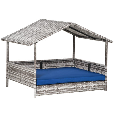 Wicker Dog House Elevated Raised Rattan Bed for Indoor/Outdoor with Removable Cushion Lounge, Dark Blue