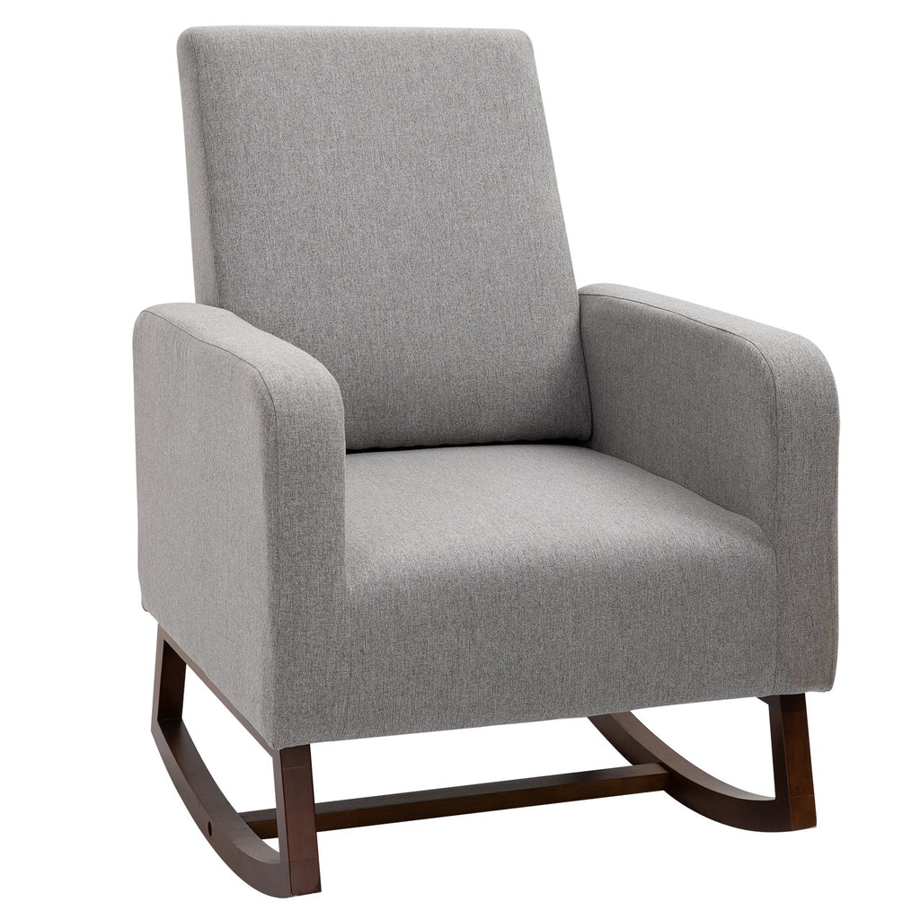 Accent Lounge Rocking Chair with Solid Curved Wood Base and Linen Padded Seat, Grey