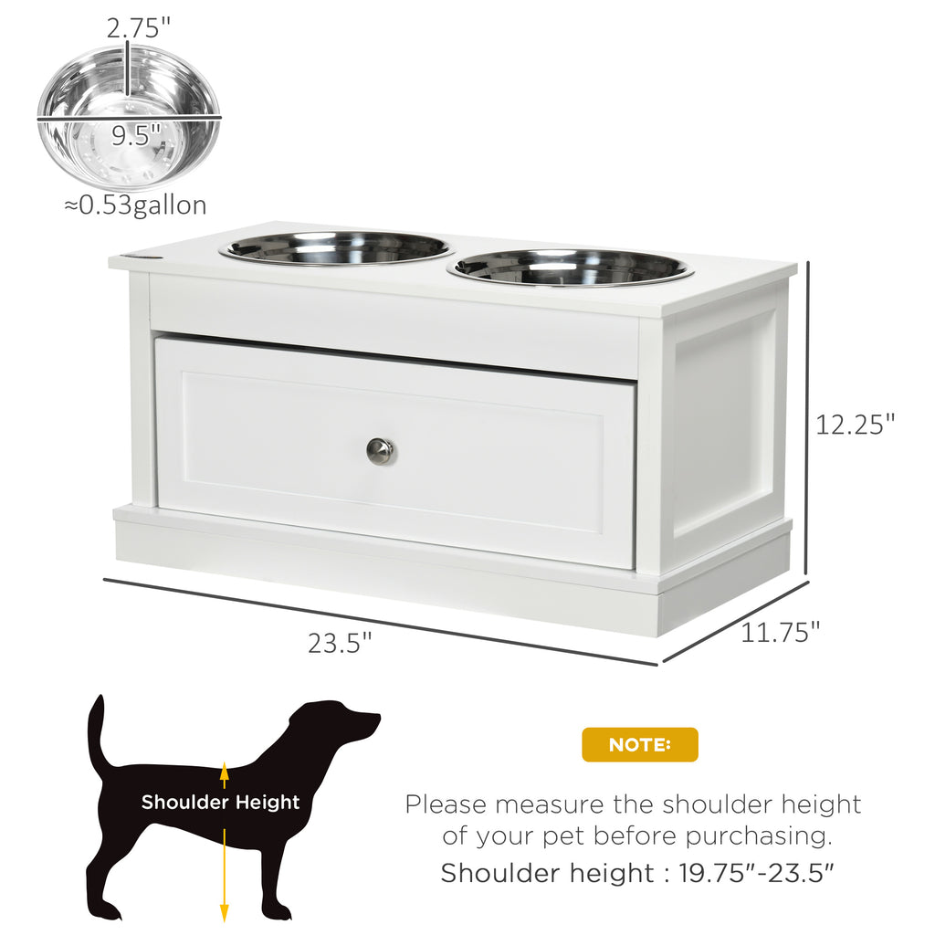 Elevated Dog Bowls for Large Dogs, Raised Pet Feeding Station with 2 Stainless Steel Bowls, Storage Drawer, Wood Stand for Cats, White