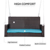 2-Person Wicker Hanging Porch Swing Bench, Front Porch Swing Outdoor Chair with Cushions 550lbs Weight Capacity for Backyard, Sky Blue