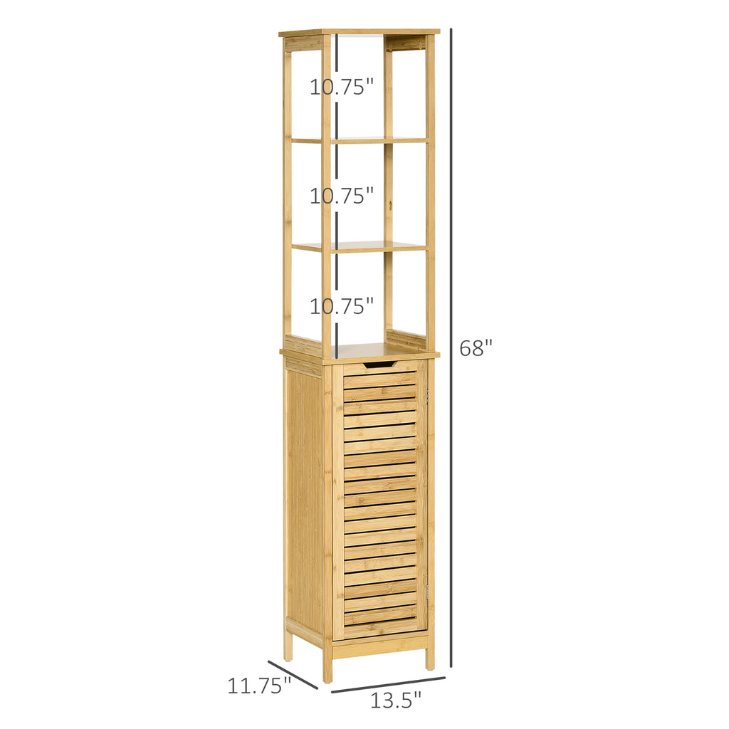 Bathroom Floor Cabinet with 3 Shelves and Cupboard, Slim and Freestanding Linen Tower with Storage, Natural