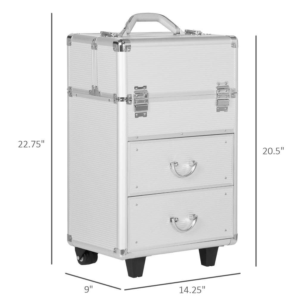 Rolling Makeup Train Case, Large Storage Cosmetic Trolley, Lockable Traveling Cart Trunk with Folding Trays, Swivel Wheels and Keys, Silver