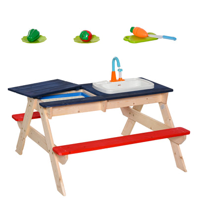 Kids Picnic Table and Bench Set with Sandbox, Outdoor Sand & Water Table with Kitchen Toys, Water Circulation Faucet
