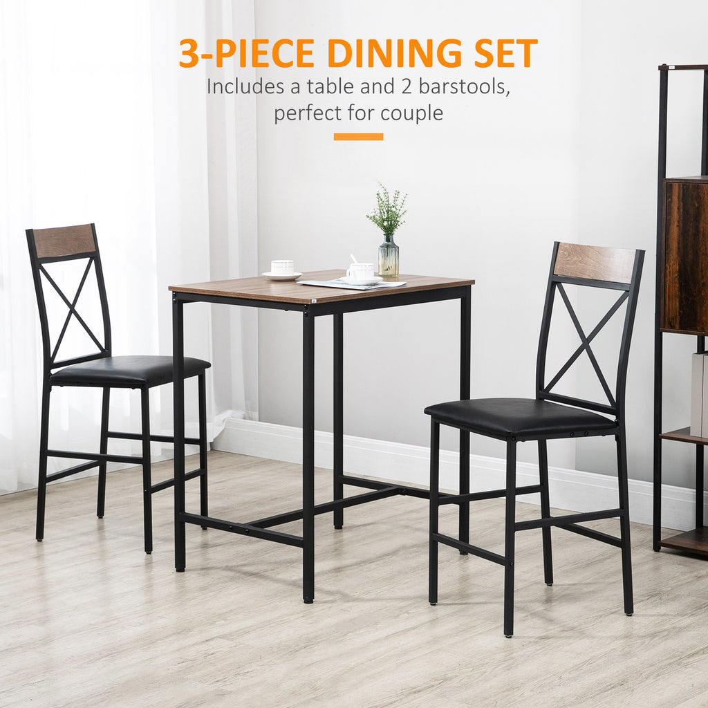 3 Piece Dining Table Set, Bar Table and Chairs Set with PU Padded Stools and Steel Frame for Kitchen, Small Space, Brown
