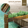 Wooden Garden Bridge with Planters on Safety Railings, Stained Finish Arc Footbridge for Pond Backyard Stream