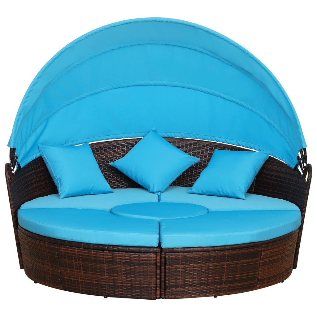 4-Piece Rattan Patio Furniture Set, Round Convertible Daybed or Sunbed with Adjustable Sun Canopy, Sectional Sofa, 2 Chairs, Table, 3 Pillows, Blue