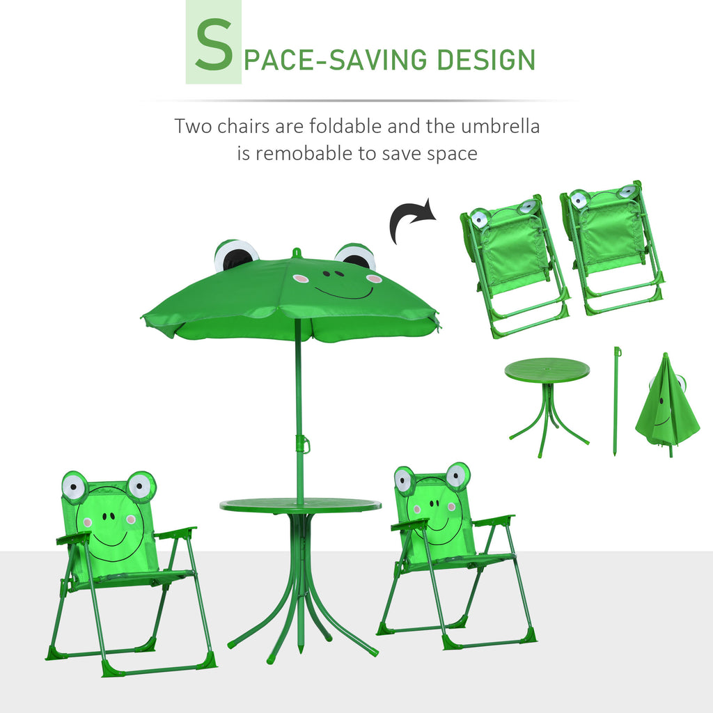 Kids Folding Picnic Table and Chair Set Frog Pattern with Removable & Height Adjustable Sun Umbrella, Green