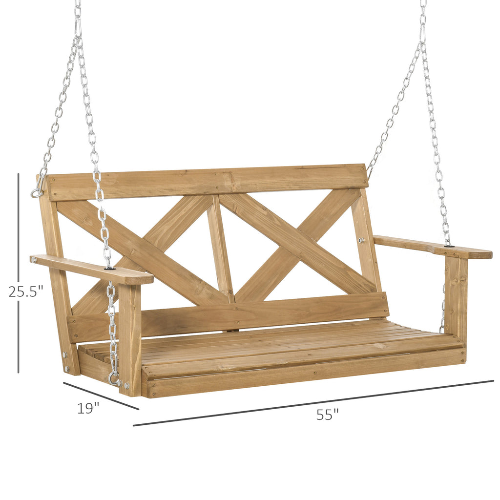 2-Person Wooden Porch Swing with Sturdy Steel Chains & Rustic X Shaped Design for the Outdoors, Natural
