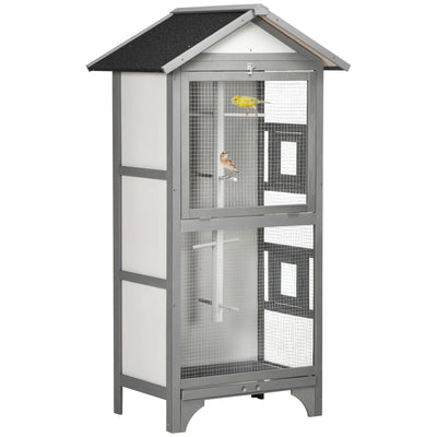 Wooden Outdoor Bird Cage, Featuring a Large Play House with Removable Bottom Tray 4 Perch, Light Grey