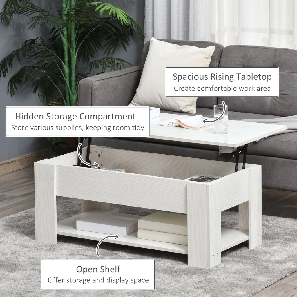39" Lift Top Coffee Table with Hidden Storage Compartment and Open Shelf, Pop Up Coffee Table for Living Room, White