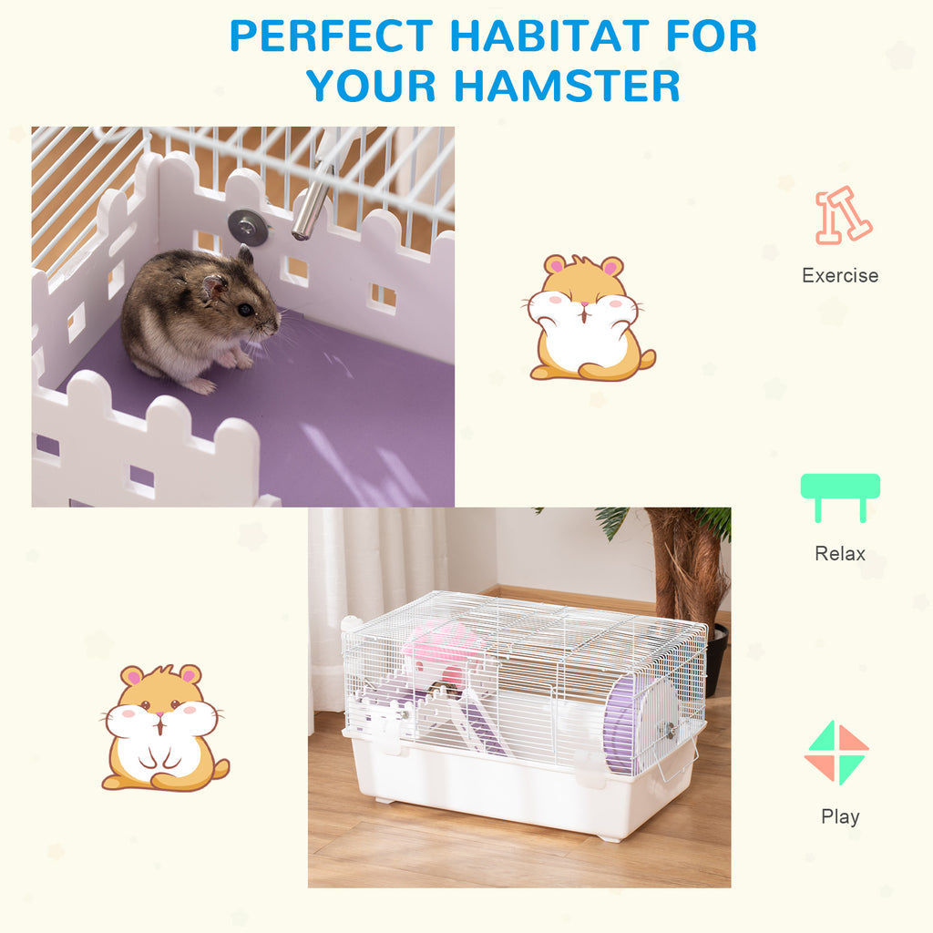 2 Tier Hamster Cage Gerbil Haven Multi-Storey Rodent House Small Animal Habitat with Water Bottle, Excise Wheel, Ladder, Hut, White
