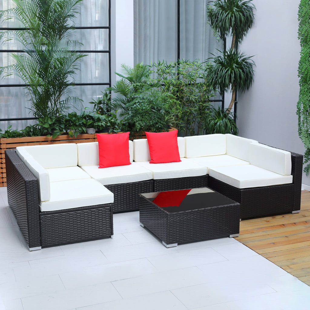 7 Piece Patio Furniture Set,Outdoor Rattan Sectional Sofa with White Cushions