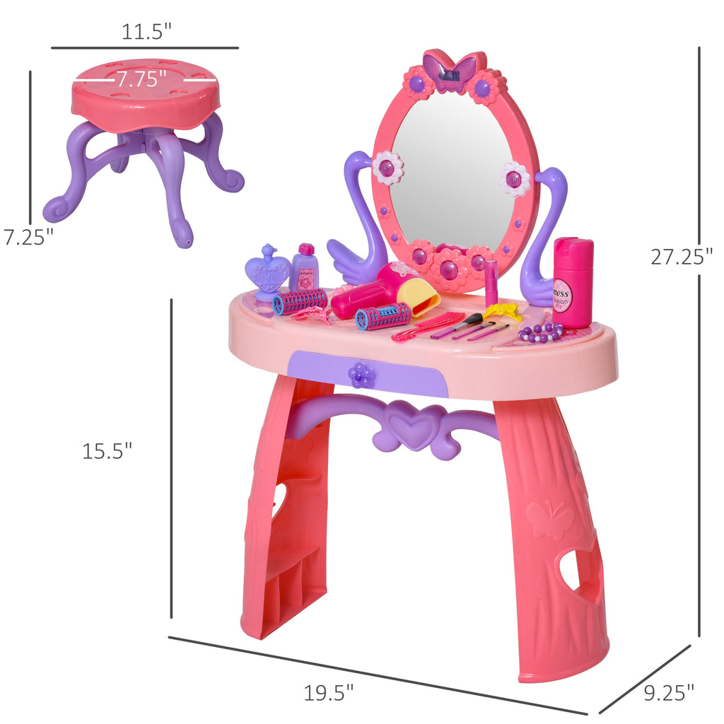 Kids Vanity Table and Stool, Beauty Pretend Play Set with Mirror, Lights, Sounds & Beauty Makeup Accessories for 3-Year-Olds, Pink