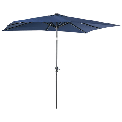 9' x 7' Patio Umbrella Outdoor Table Market Umbrella with Crank, Solar LED Lights, 45Â° Tilt, Push-Button Operation, for Deck, Pool, Blue