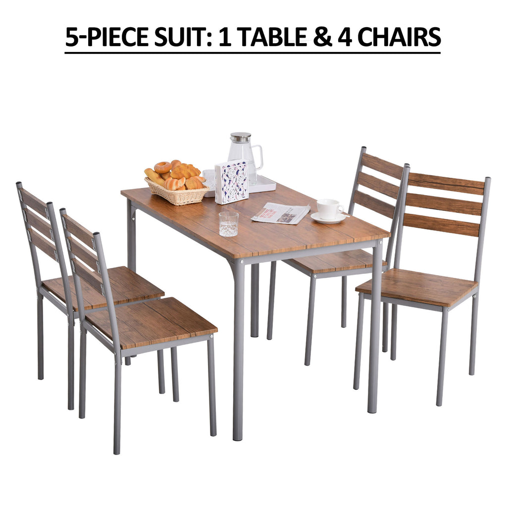 Modern 5-Piece Wooden Counter Dining Kitchen Table Set, 1 Table 4 Chairs Metal Legs, Suitable For Outdoors, Brown