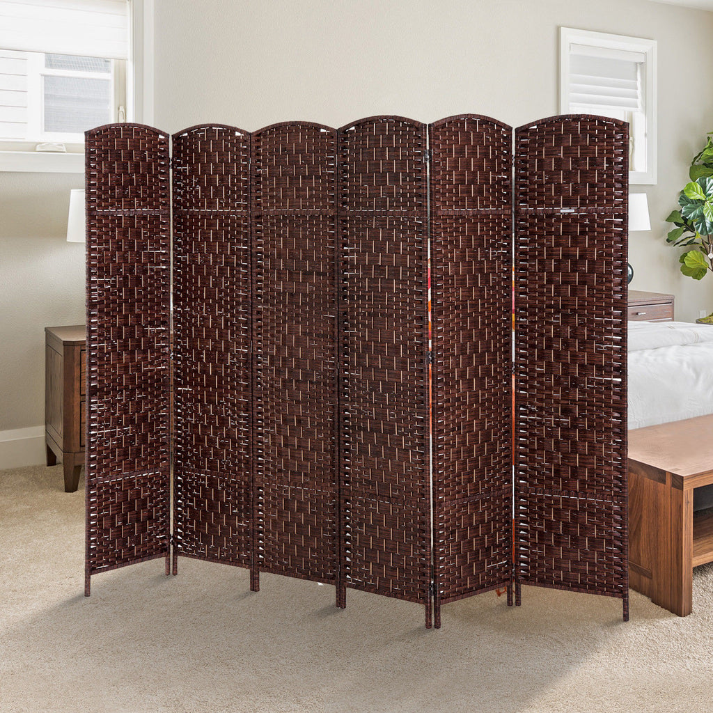 6' Tall Wicker Weave 6 Panel Room Divider Wall Divider, Brown