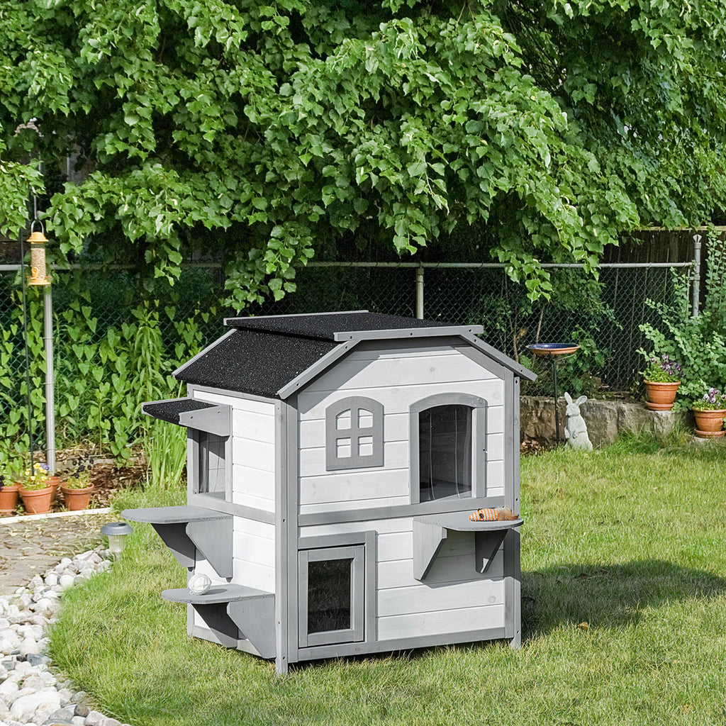 Wooden 2-Story Outdoor Cat House, Feral Cat Shelter Kitten Condo with Escape Door, Openable Asphalt Roof and 4 Platforms, White