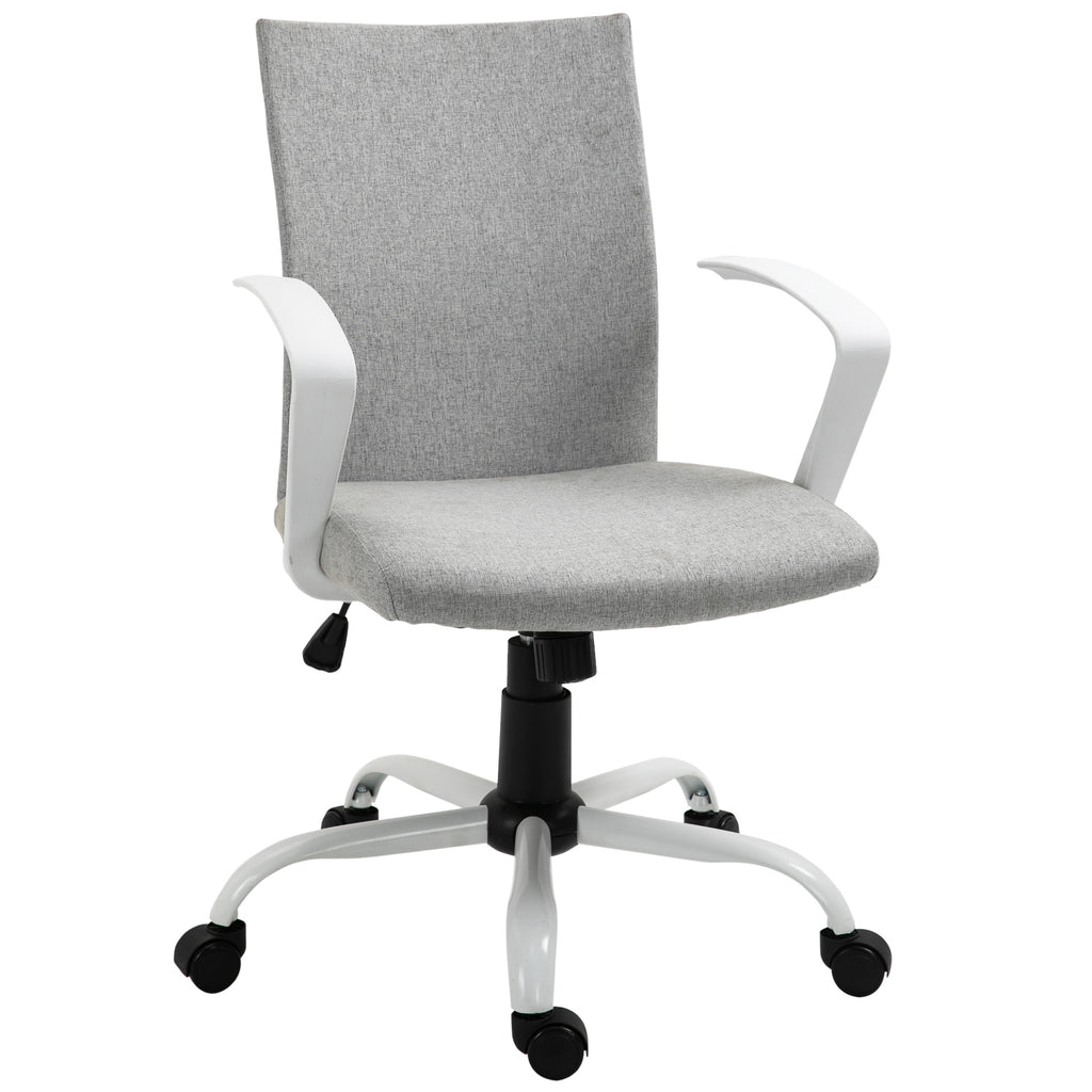 Mid Back Home Office Chair with Adjustable Height, Computer Chair with High Armrests and Rocking Function, Light Grey/White